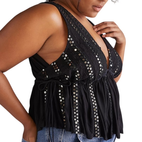 Anthropologie Forever‎ That Girl V-Neck Sequin Embellished Tank Black XL - Picture 2 of 14
